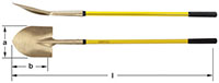 Horizontal image of a long yellow fiberglass handled shovel with a round point blade from two different angles. The first angle is a side view, and the second one is a top view.  AMPCO is written on the yellow handle, just above the blade neck.